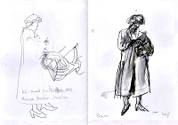Monique Barbier-Mueller<br />Aquarellzeichnung im Skizzenbuch, 30 x 40 cm, 2025<br />Monique Barbier-M&uuml;ller geb. 1919 in Genf - gest. 2019 ebenda<br />Kunstsammlerin &uuml;berseeischer Kunst und Mitgr&uuml;nderin des Museums Barbier-Mueller<br />Ihre bronzene Statue von Gerald Ducimitiere steht seit 1982 auf dem Rond-Point de Plainpalais<br />in Genf, Schweiz