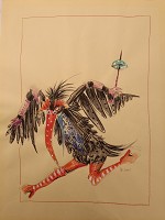 Kalif Storch<br />Figurine: B&ouml;ser Zauberer als schwarzer Storch verzaubert<br />Mischtechnik DIN-A 3<br />Oper Magdeburg 2005